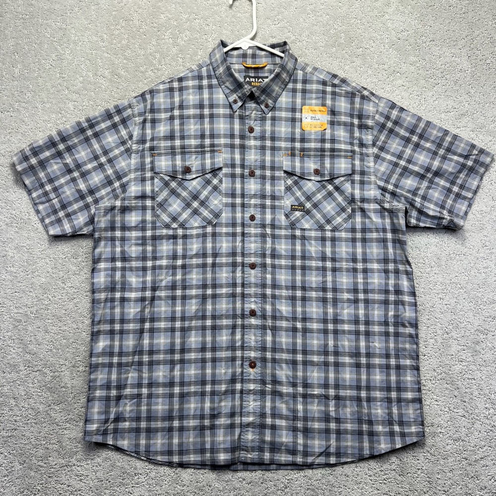 Ariat Rebar Shirt Mens Large Grey Plaid DuraStretch Short Sleeve Button Down